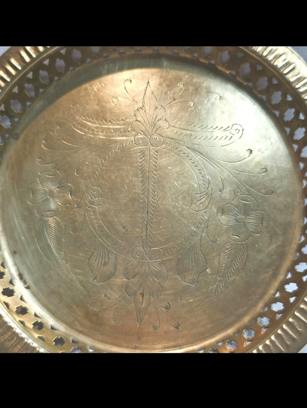 Vintage Brass Reticulated Edge Tray  Etched Engraved Serving  Decorative Tray